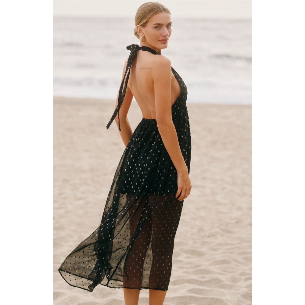 NWT Anthropologie CELANDINE Size MEDIUM Maxi Dress Beach‎ Disco Plunging Black